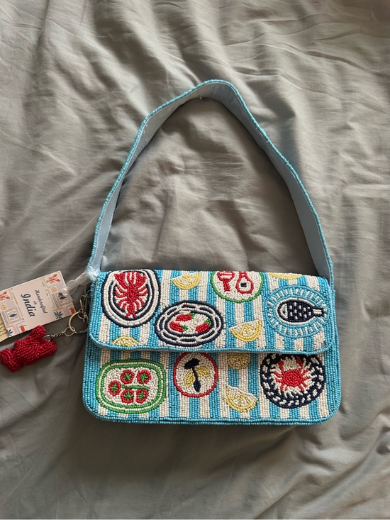 india Handbags - Beaded Shoulder Bag with Sea Food Motifs Handmade in India New with Tags